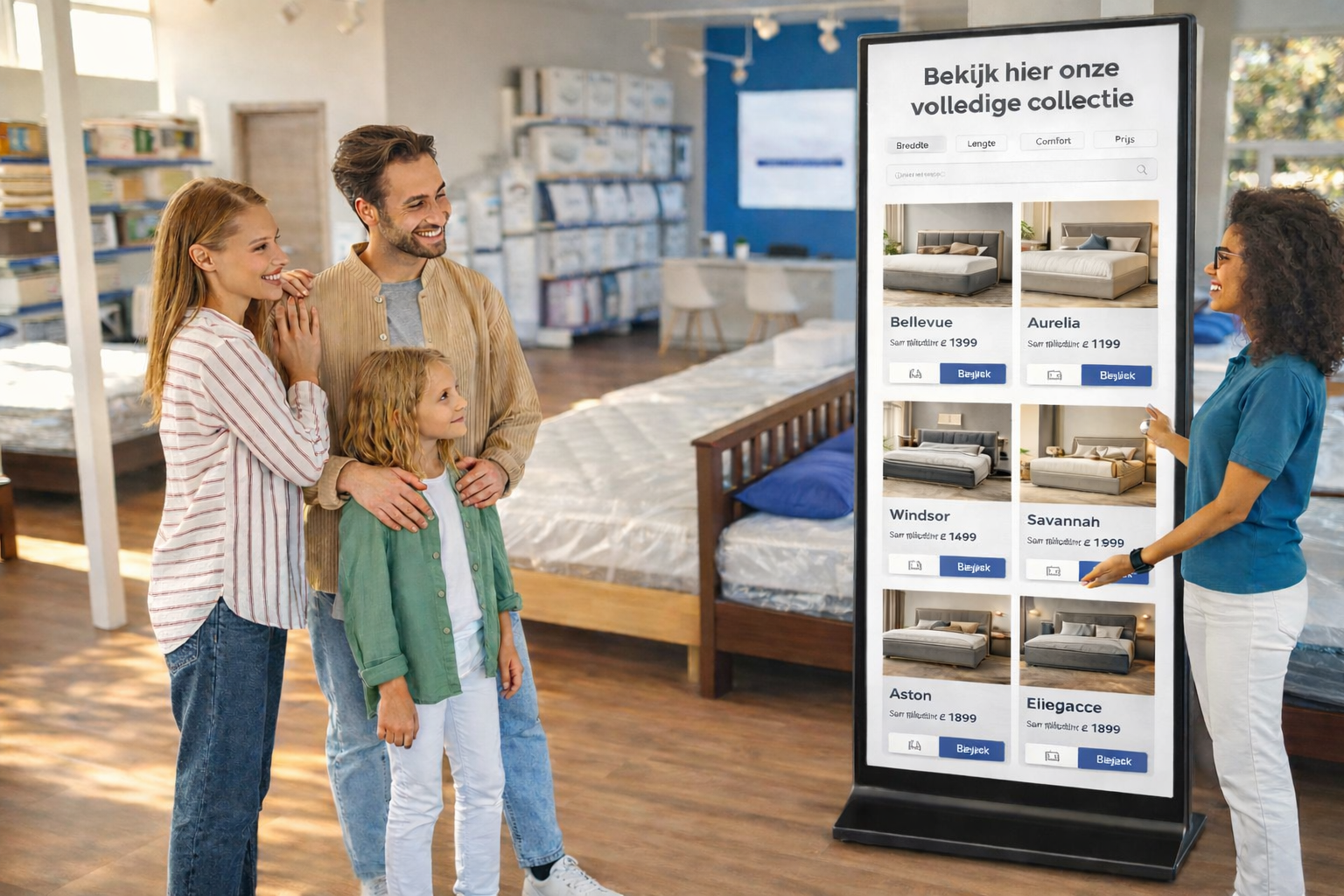 Familie bekijkt collectie op SHARED touchscreen in beddenzaak